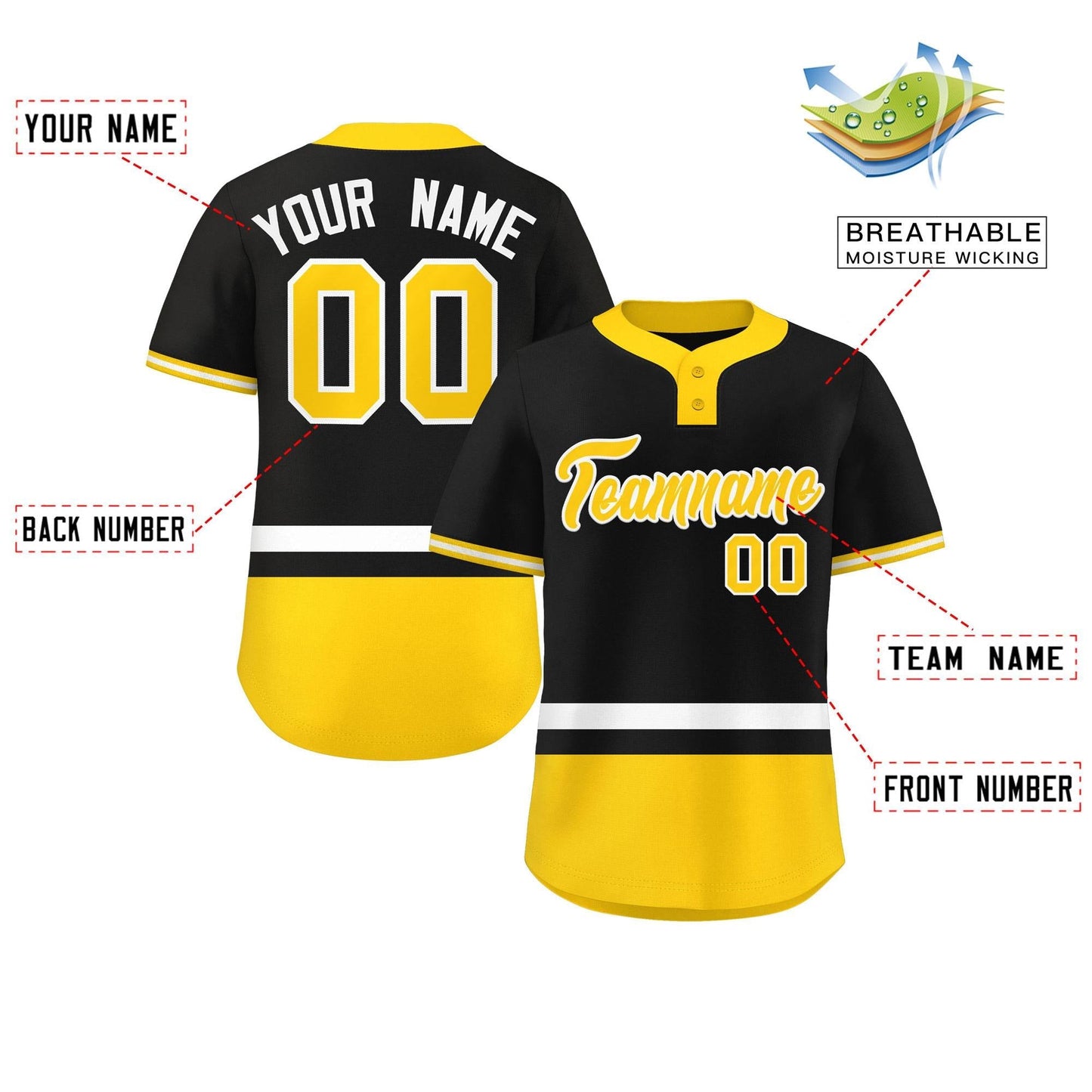 Custom Black White-Gold Color Block Personalized Authentic Two-Button Baseball Jersey