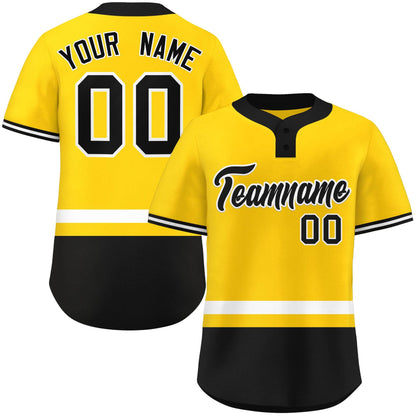 Custom Gold White-Black Color Block Personalized Authentic Two-Button Baseball Jersey