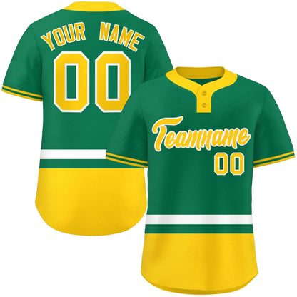 Custom Kelly Green White-Gold Color Block Personalized Authentic Two-Button Baseball Jersey