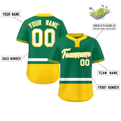 Custom Kelly Green White-Gold Color Block Personalized Authentic Two-Button Baseball Jersey