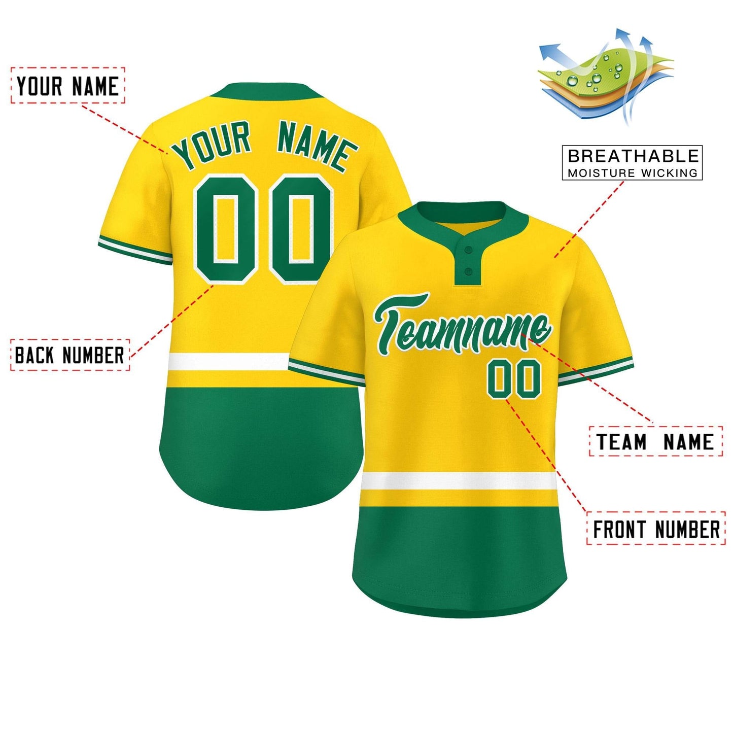 Custom Gold White-Kelly Green Color Block Personalized Authentic Two-Button Baseball Jersey