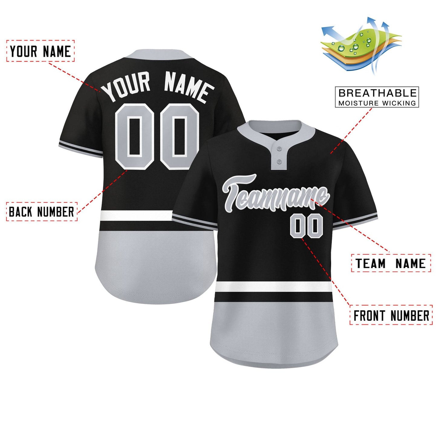 Custom Black White-Gray Color Block Personalized Authentic Two-Button Baseball Jersey