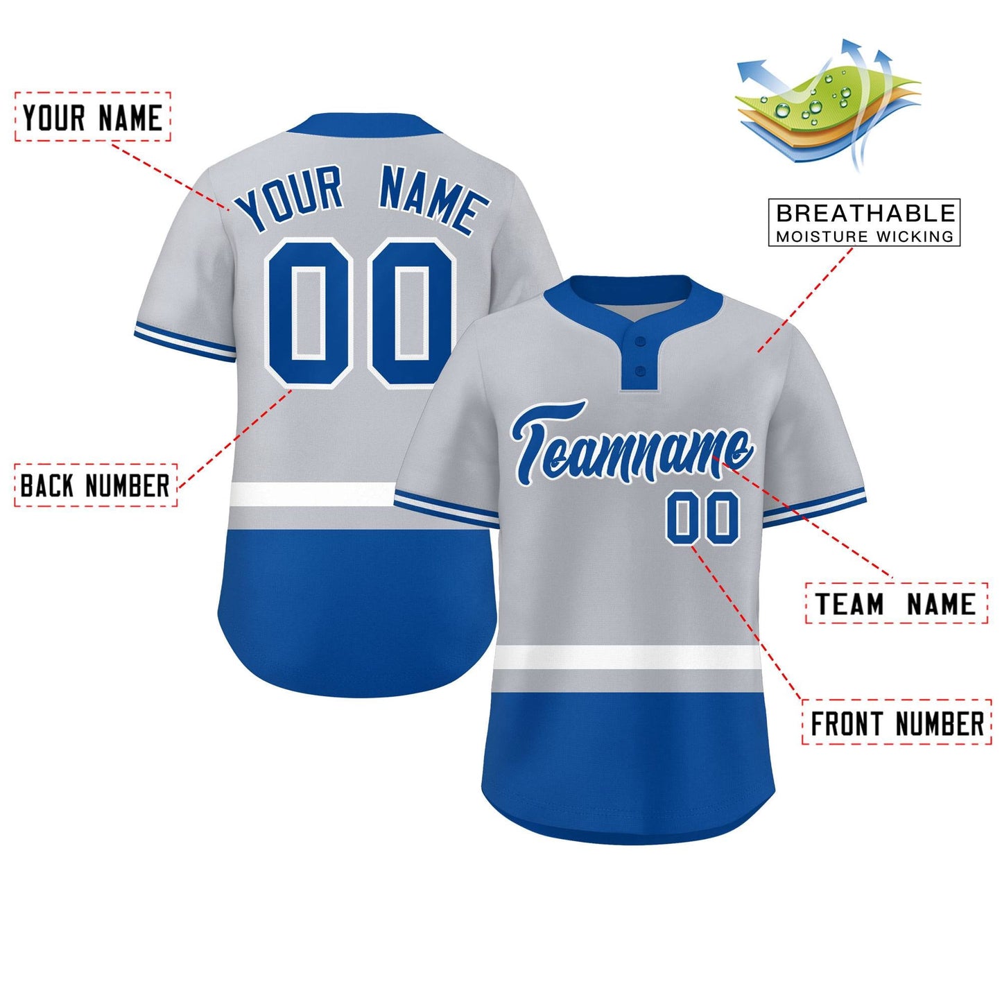 Custom Gray White-Royal Color Block Personalized Authentic Two-Button Baseball Jersey