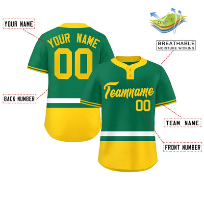 Custom Kelly Green White-Gold Color Block Personalized Authentic Two-Button Baseball Jersey