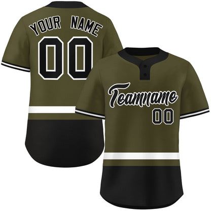 Custom Olive White-Black Color Block Personalized Authentic Two-Button Baseball Jersey