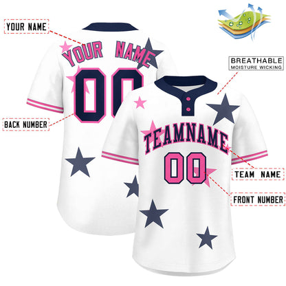 Custom White Navy Personalized Star Graffiti Pattern Authentic Two-Button Baseball Jersey