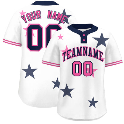 Custom White Navy Personalized Star Graffiti Pattern Authentic Two-Button Baseball Jersey