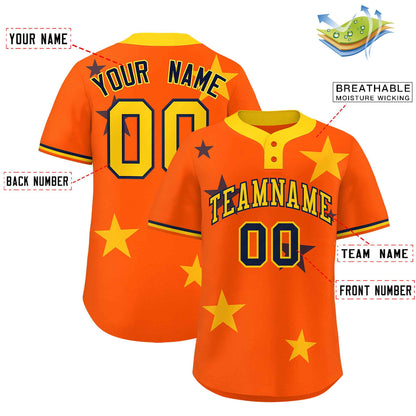 Custom Orange Gold Personalized Star Graffiti Pattern Authentic Two-Button Baseball Jersey