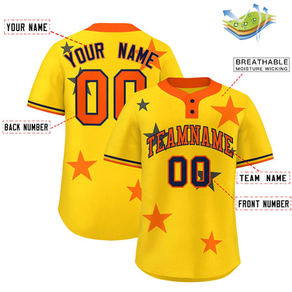 Custom Gold Orange Personalized Star Graffiti Pattern Authentic Two-Button Baseball Jersey