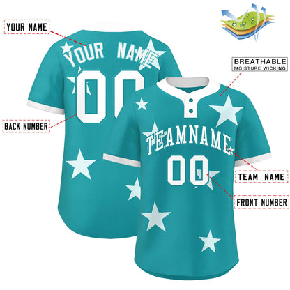 Custom Aqua White Personalized Star Graffiti Pattern Authentic Two-Button Baseball Jersey