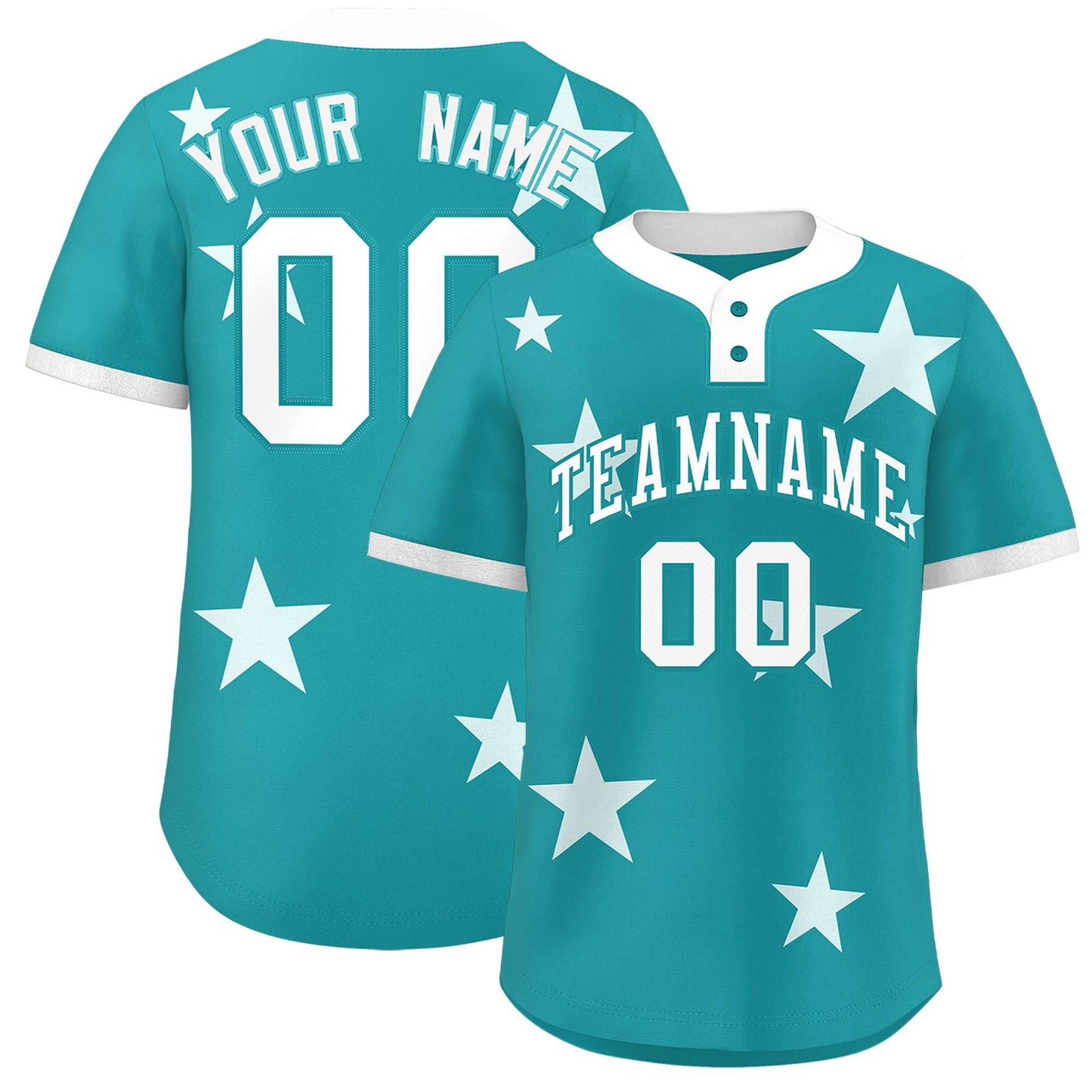 Custom Aqua White Personalized Star Graffiti Pattern Authentic Two-Button Baseball Jersey