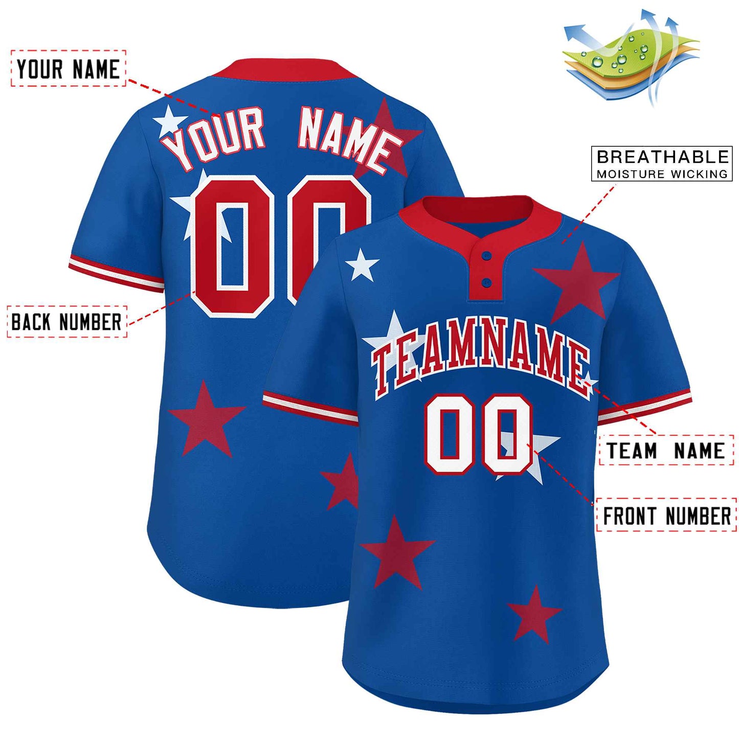 Custom Royal Red Personalized Star Graffiti Pattern Authentic Two-Button Baseball Jersey