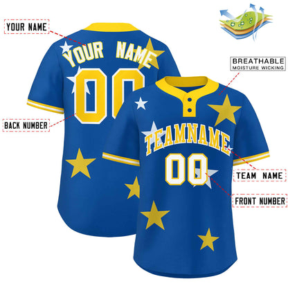 Custom Royal Gold Personalized Star Graffiti Pattern Authentic Two-Button Baseball Jersey