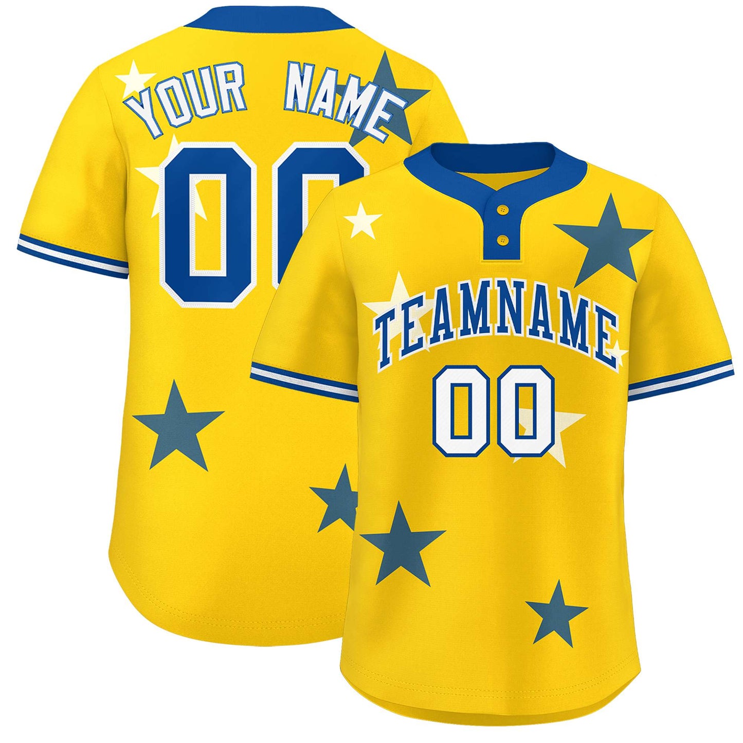 Custom Gold Royal Personalized Star Graffiti Pattern Authentic Two-Button Baseball Jersey