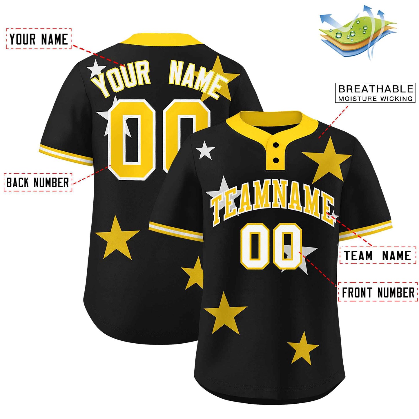 Custom Black Gold Personalized Star Graffiti Pattern Authentic Two-Button Baseball Jersey