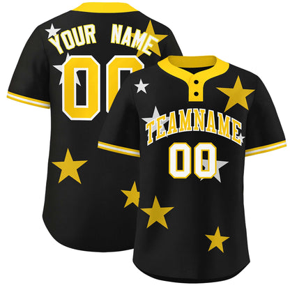 Custom Black Gold Personalized Star Graffiti Pattern Authentic Two-Button Baseball Jersey