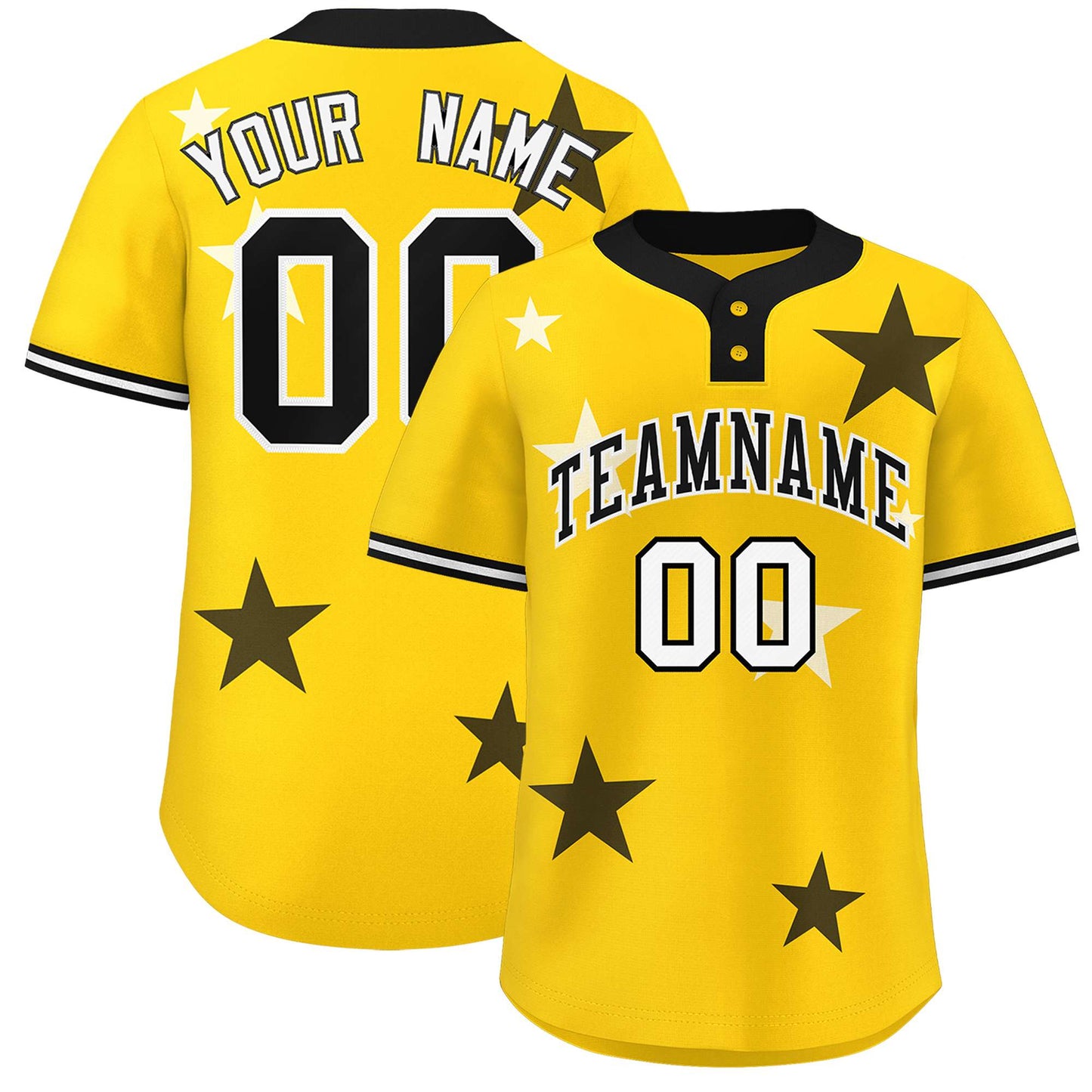 Custom Gold Black Personalized Star Graffiti Pattern Authentic Two-Button Baseball Jersey