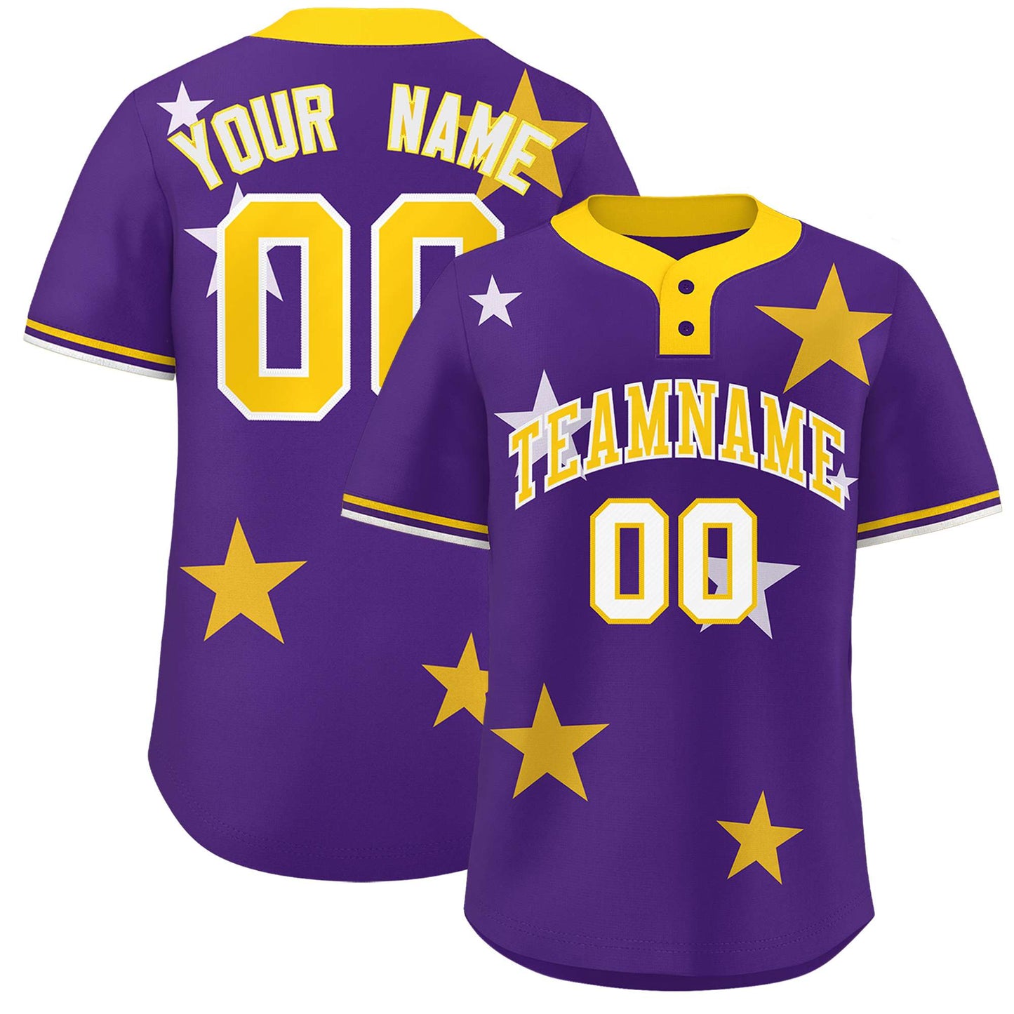 Custom Purple Gold Personalized Star Graffiti Pattern Authentic Two-Button Baseball Jersey