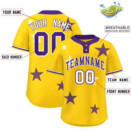 Custom Gold Purple Personalized Star Graffiti Pattern Authentic Two-Button Baseball Jersey