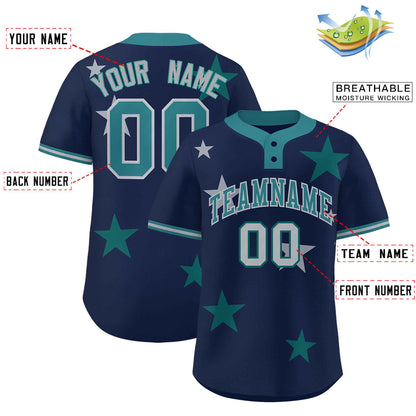 Custom Navy Aqua Personalized Star Graffiti Pattern Authentic Two-Button Baseball Jersey