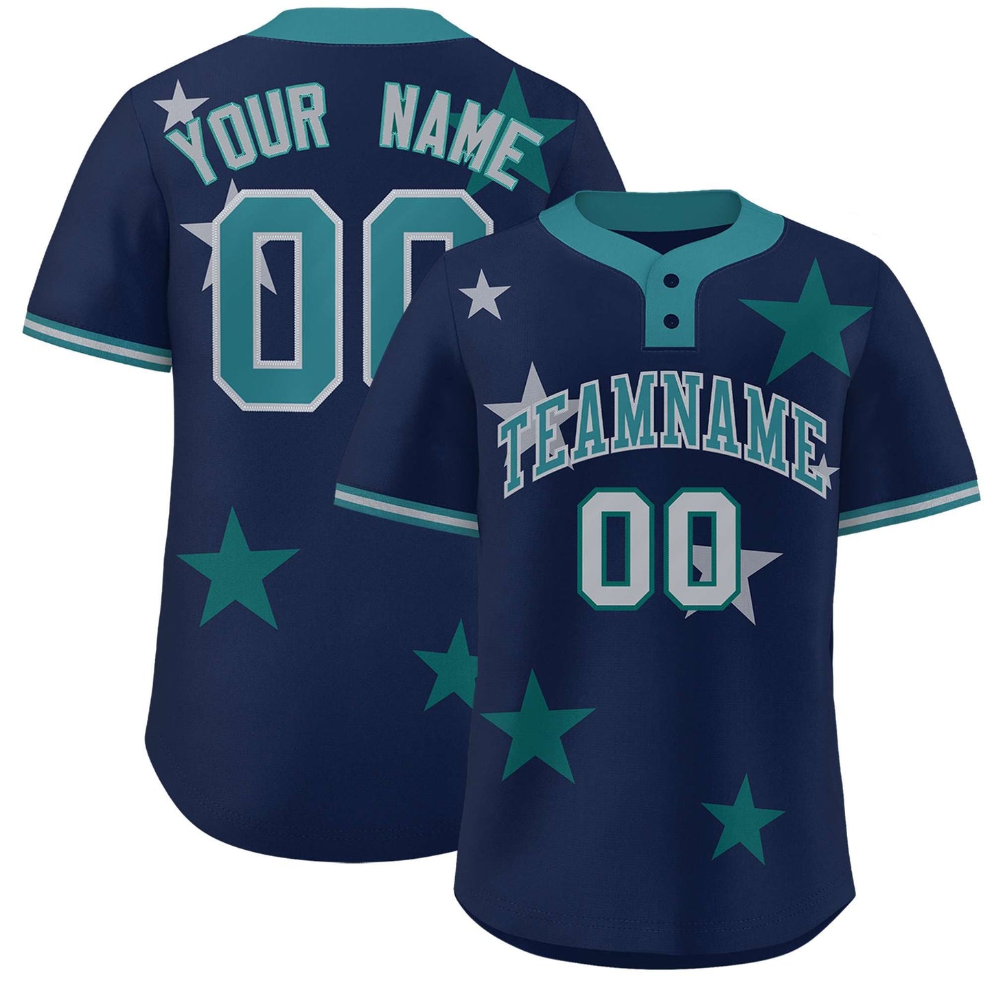 Custom Navy Aqua Personalized Star Graffiti Pattern Authentic Two-Button Baseball Jersey