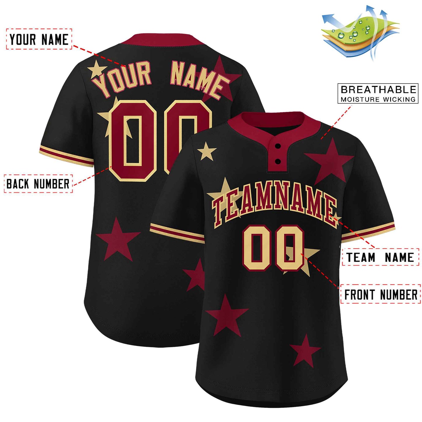 Custom Black Crimson Personalized Star Graffiti Pattern Authentic Two-Button Baseball Jersey