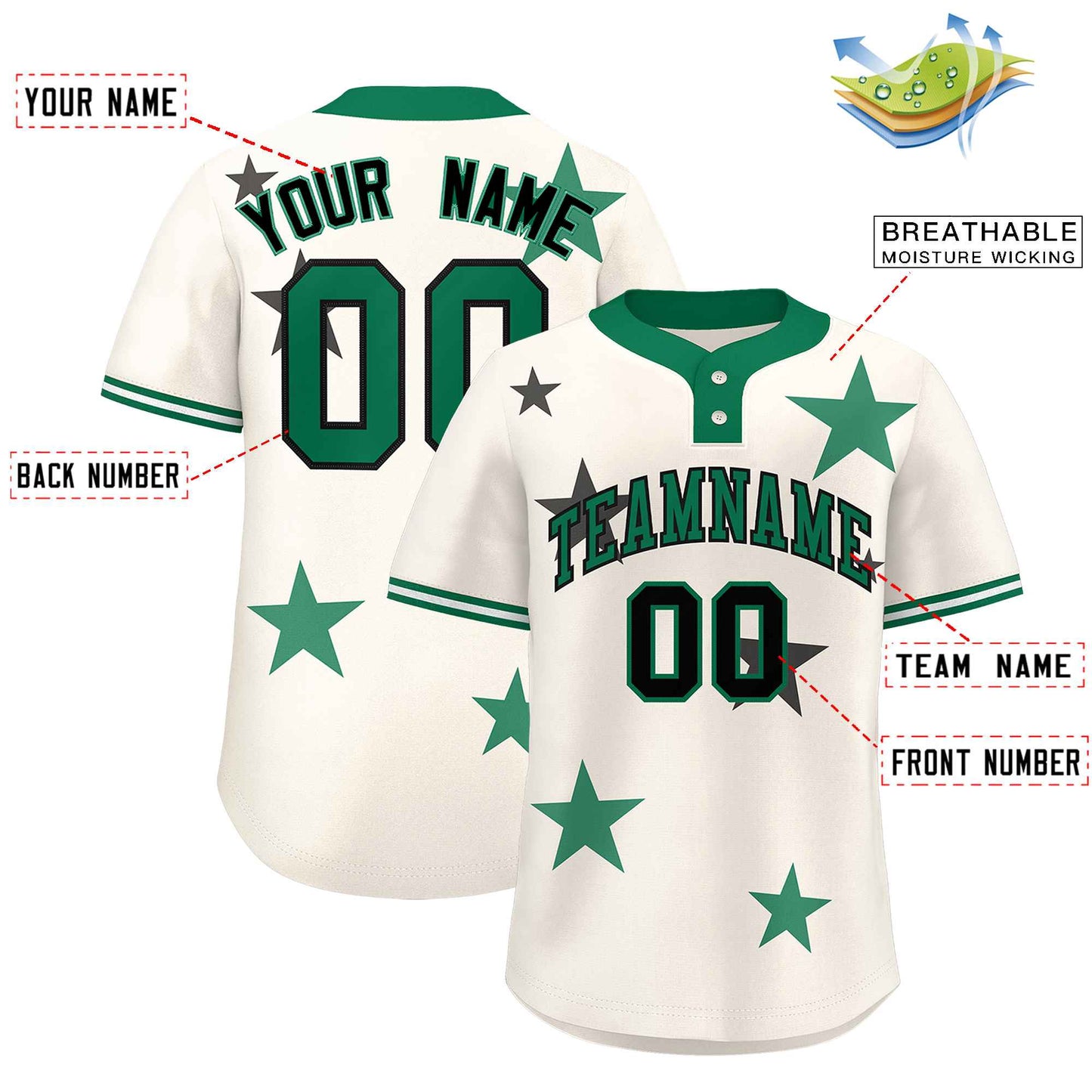 Custom Cream Kelly Green Personalized Star Graffiti Pattern Authentic Two-Button Baseball Jersey