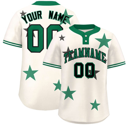 Custom Cream Kelly Green Personalized Star Graffiti Pattern Authentic Two-Button Baseball Jersey