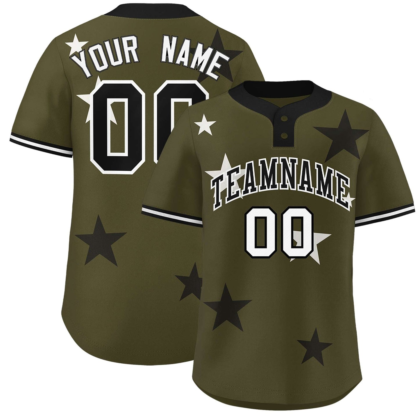 Custom Olive Black Personalized Star Graffiti Pattern Authentic Two-Button Baseball Jersey