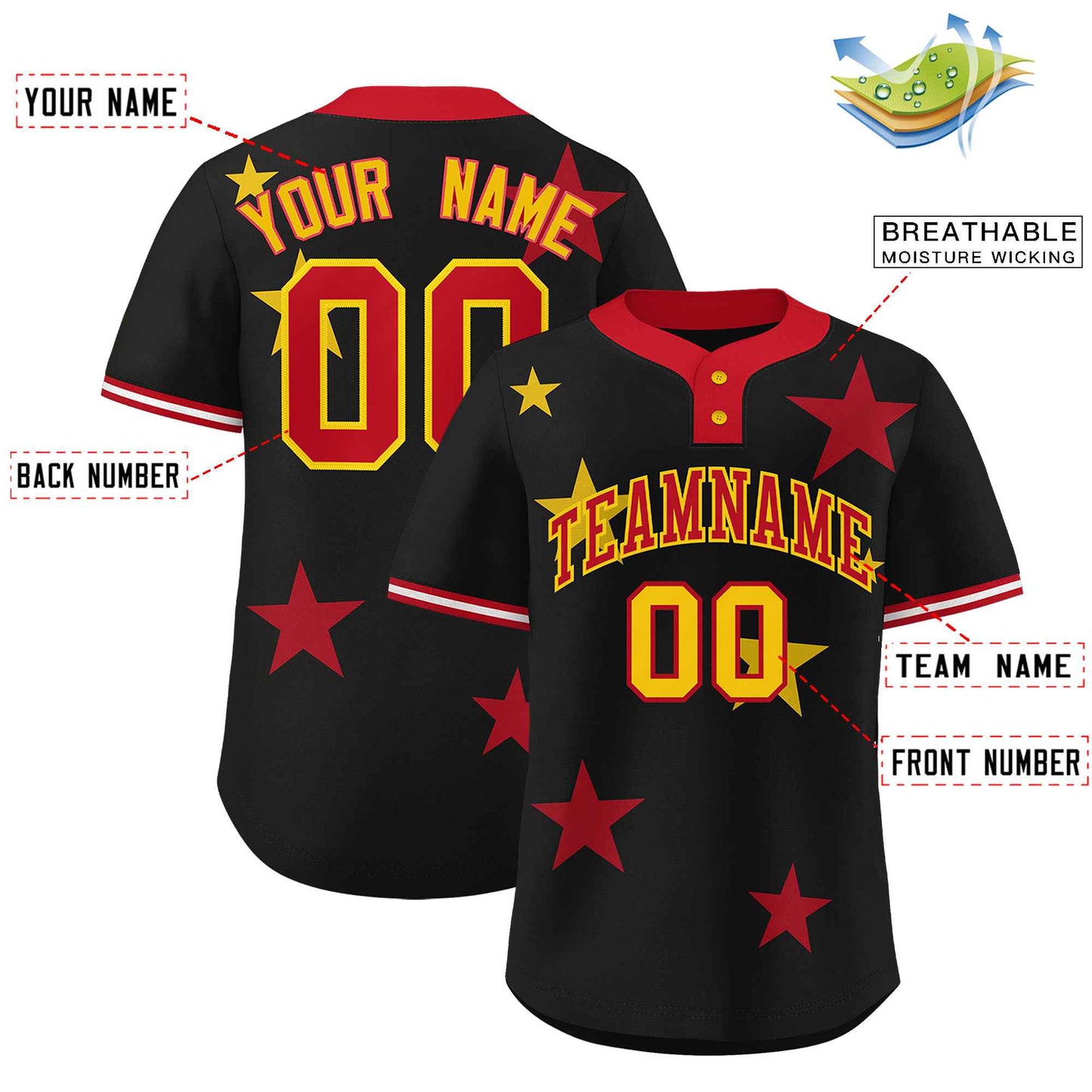 Custom Black Red Personalized Star Graffiti Pattern Authentic Two-Button Baseball Jersey