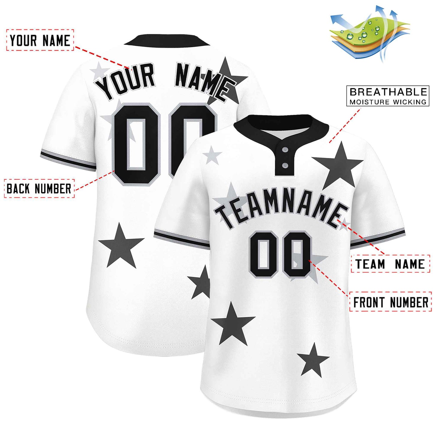 Custom White Black Personalized Star Graffiti Pattern Authentic Two-Button Baseball Jersey