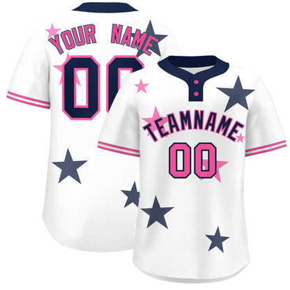 Custom White Navy Personalized Star Graffiti Pattern Authentic Two-Button Baseball Jersey