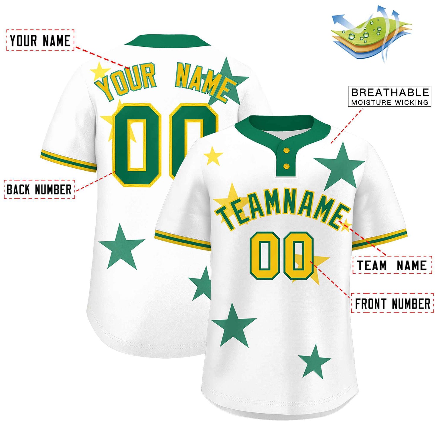 Custom White Kelly Green Personalized Star Graffiti Pattern Authentic Two-Button Baseball Jersey