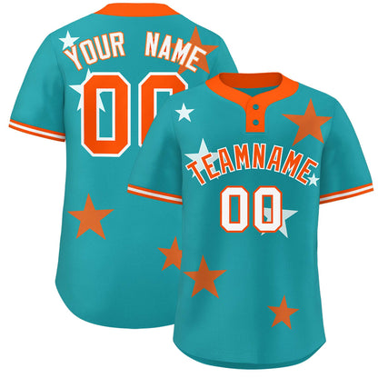 Custom Aqua Orange Personalized Star Graffiti Pattern Authentic Two-Button Baseball Jersey