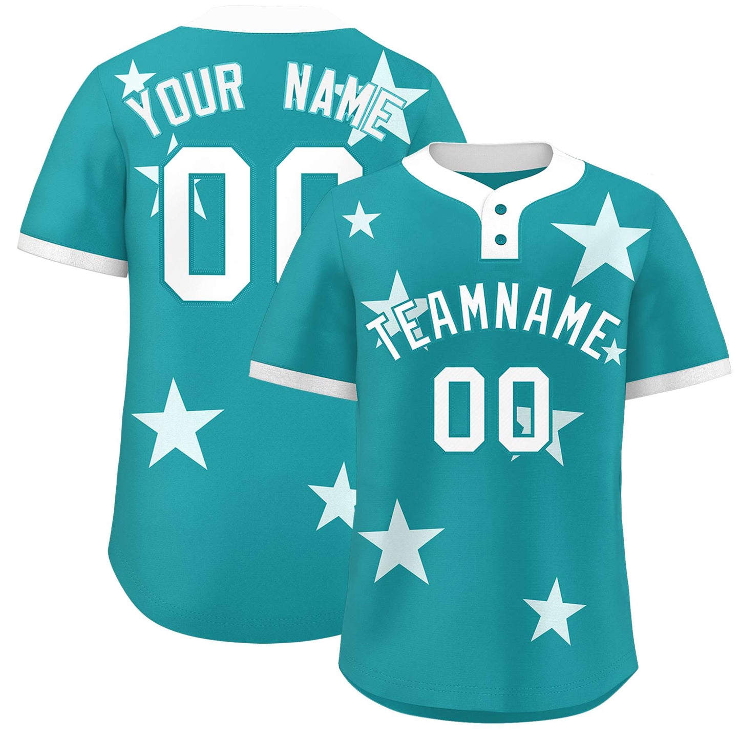 Custom Aqua White Personalized Star Graffiti Pattern Authentic Two-Button Baseball Jersey