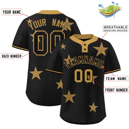 Custom Black Old Gold Personalized Star Graffiti Pattern Authentic Two-Button Baseball Jersey