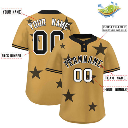 Custom Old Gold Black Personalized Star Graffiti Pattern Authentic Two-Button Baseball Jersey