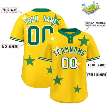 Custom Gold Kelly Green Personalized Star Graffiti Pattern Authentic Two-Button Baseball Jersey