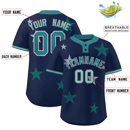 Custom Navy Aqua Personalized Star Graffiti Pattern Authentic Two-Button Baseball Jersey