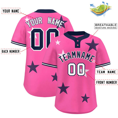 Custom Pink Navy Personalized Star Graffiti Pattern Authentic Two-Button Baseball Jersey