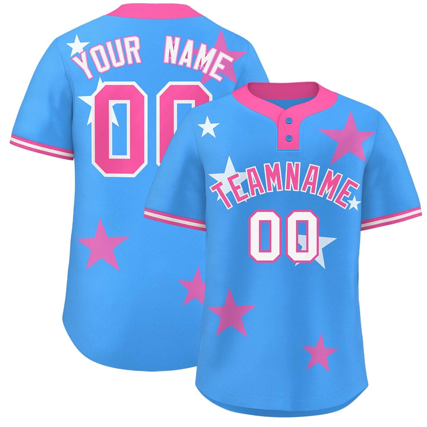 Custom Powder Blue Pink Personalized Star Graffiti Pattern Authentic Two-Button Baseball Jersey