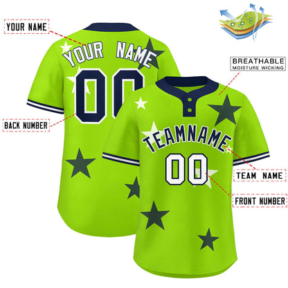 Custom Neon Green Navy Personalized Star Graffiti Pattern Authentic Two-Button Baseball Jersey