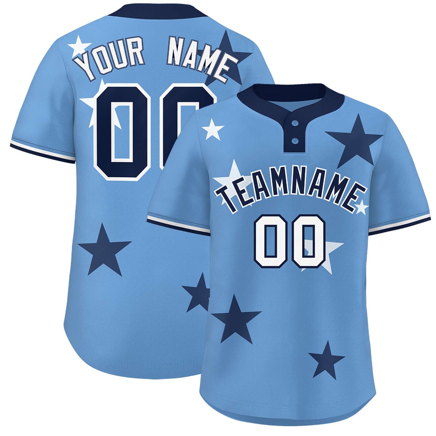 Custom Light Blue Navy Personalized Star Graffiti Pattern Authentic Two-Button Baseball Jersey