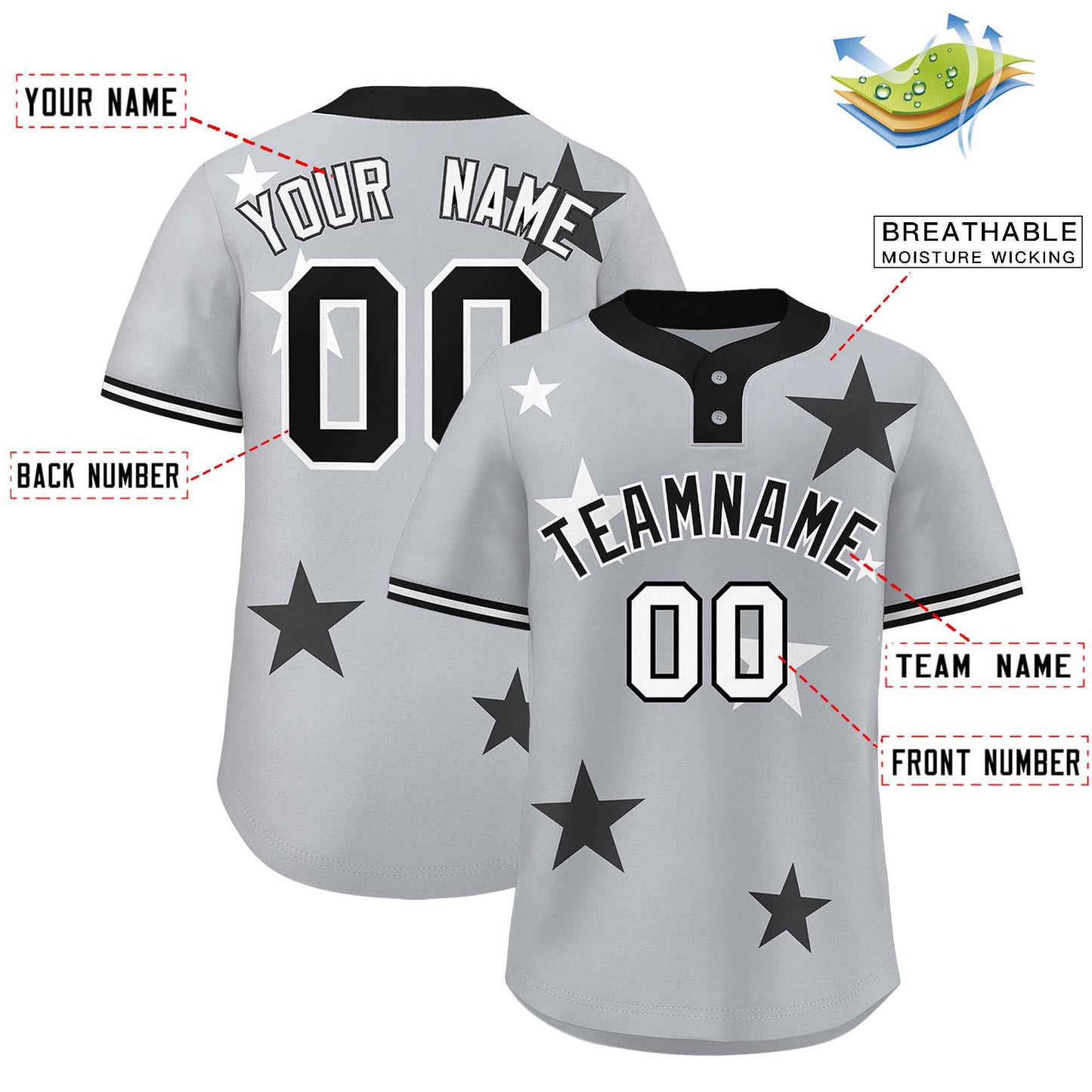 Custom Gray Black Personalized Star Graffiti Pattern Authentic Two-Button Baseball Jersey