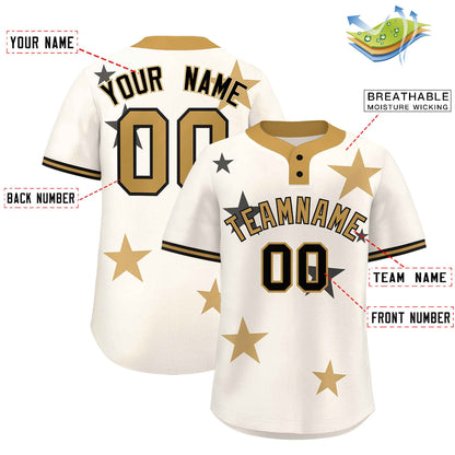 Custom Cream Old Gold Personalized Star Graffiti Pattern Authentic Two-Button Baseball Jersey