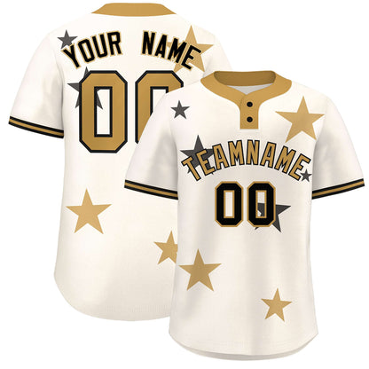 Custom Cream Old Gold Personalized Star Graffiti Pattern Authentic Two-Button Baseball Jersey