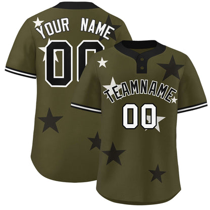 Custom Olive Black Personalized Star Graffiti Pattern Authentic Two-Button Baseball Jersey