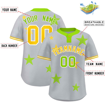 Custom Gray Neon Green Personalized Star Graffiti Pattern Authentic Two-Button Baseball Jersey