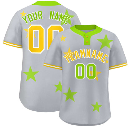 Custom Gray Neon Green Personalized Star Graffiti Pattern Authentic Two-Button Baseball Jersey