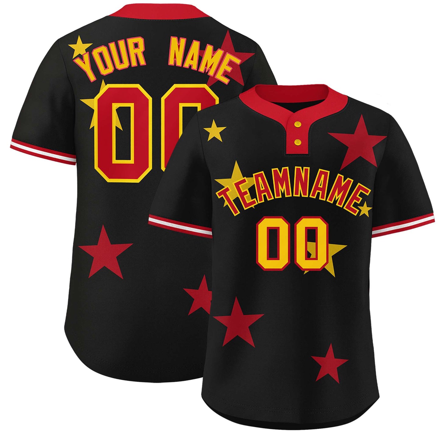 Custom Black Red Personalized Star Graffiti Pattern Authentic Two-Button Baseball Jersey